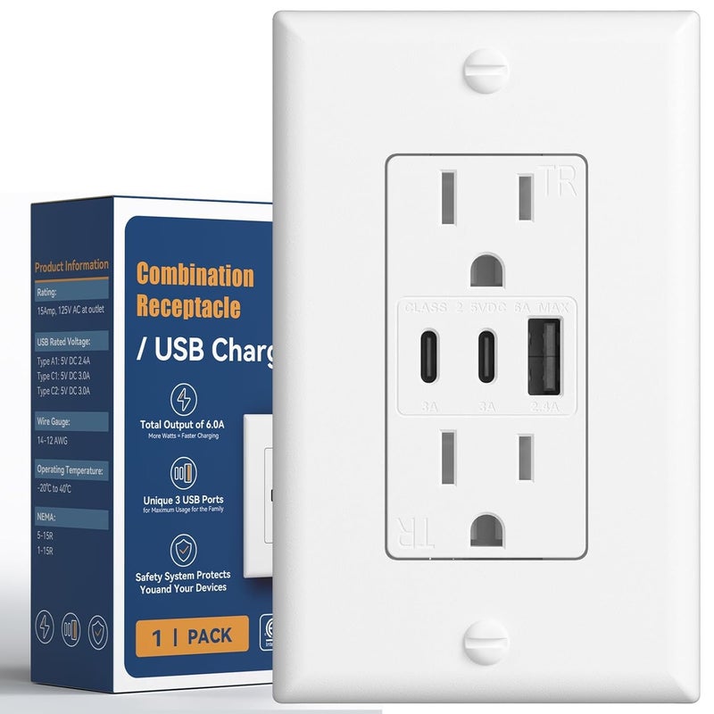 Amico 6.0A USB Outlet, 3-Port 30W Wall Outlets with 2 Type C & 1 Type A, 15 Amp Receptacle Plug, Tamper Resistant Receptacle, Wall Plate Included, ETL Listed, White, 1 Pack - Image 1